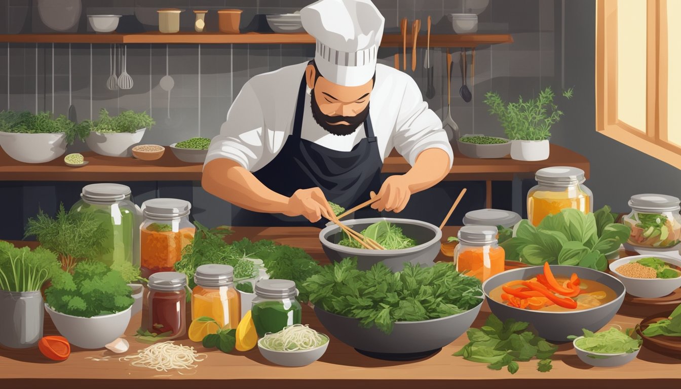 A chef adds fresh herbs and vegetables to a steaming bowl of pho, surrounded by jars of spices and condiments on a wooden table