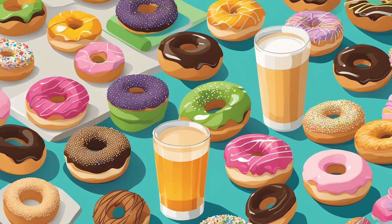 A colorful array of superfood doughnuts surrounded by various beverage options, creating an inviting and modern display