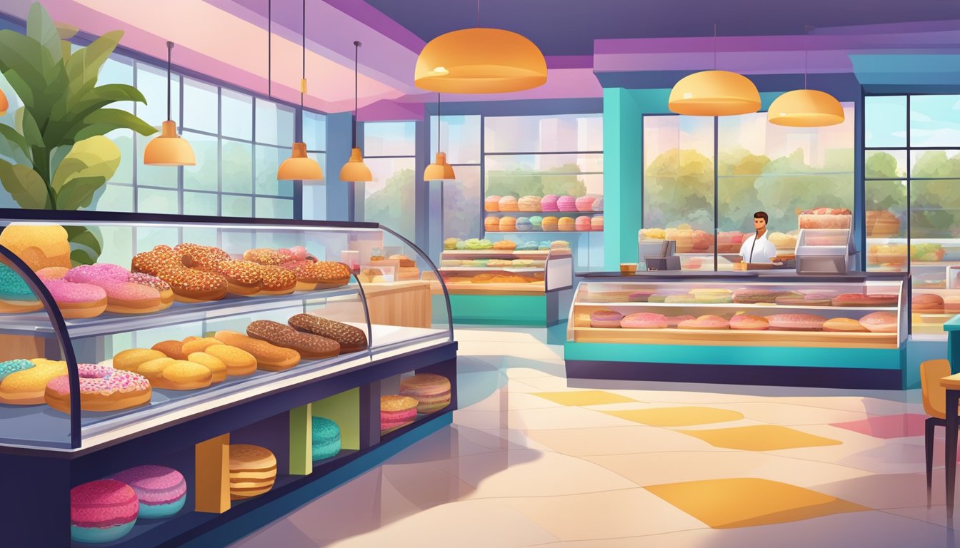 A colorful, modern doughnut shop with a vibrant atmosphere, featuring a variety of healthy and indulgent superfood doughnuts on display