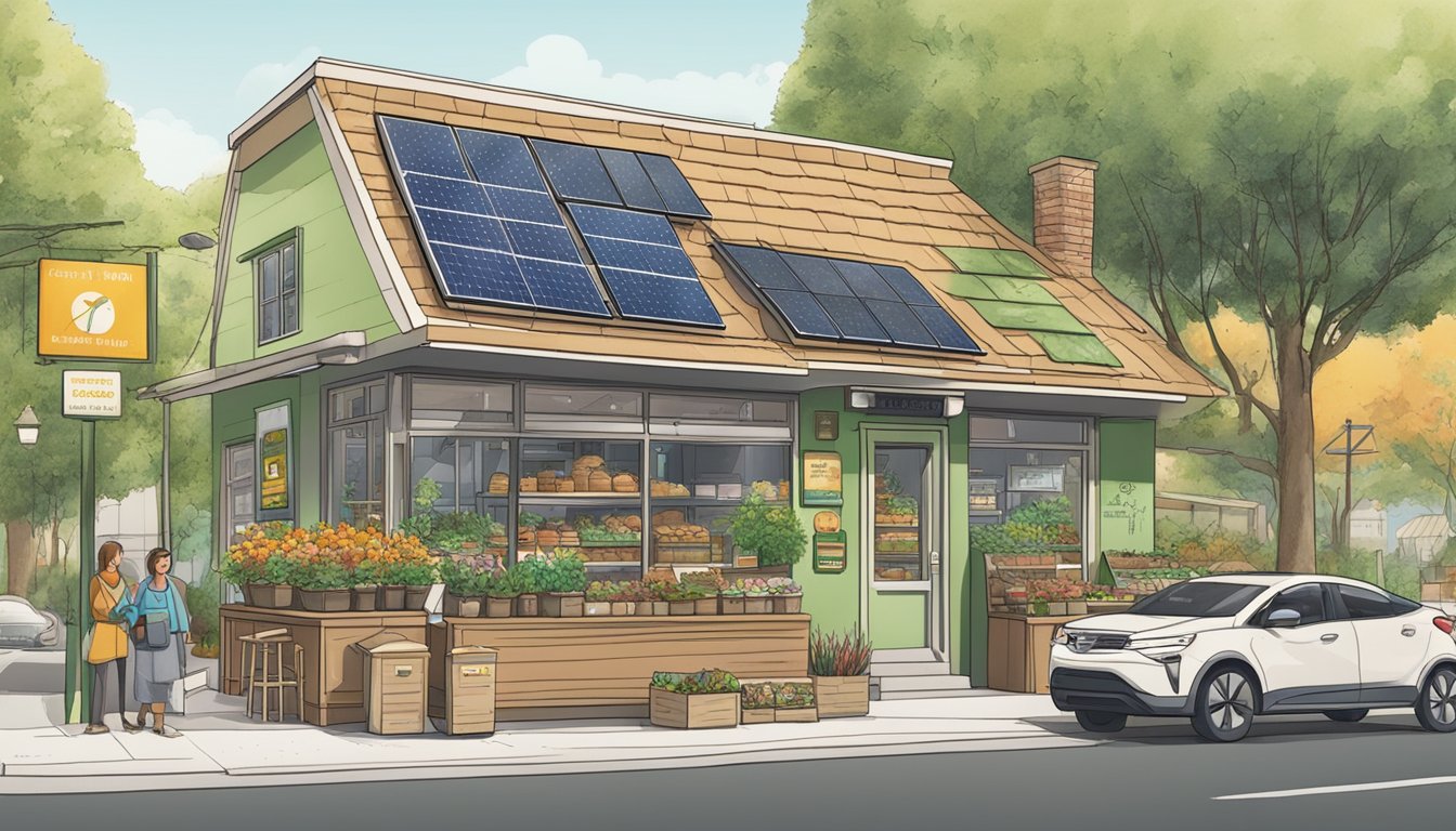 A bustling doughnut shop with eco-friendly packaging, compost bins, and a garden out front. Solar panels line the roof, and a sign proudly proclaims "Sustainability and Responsibility."