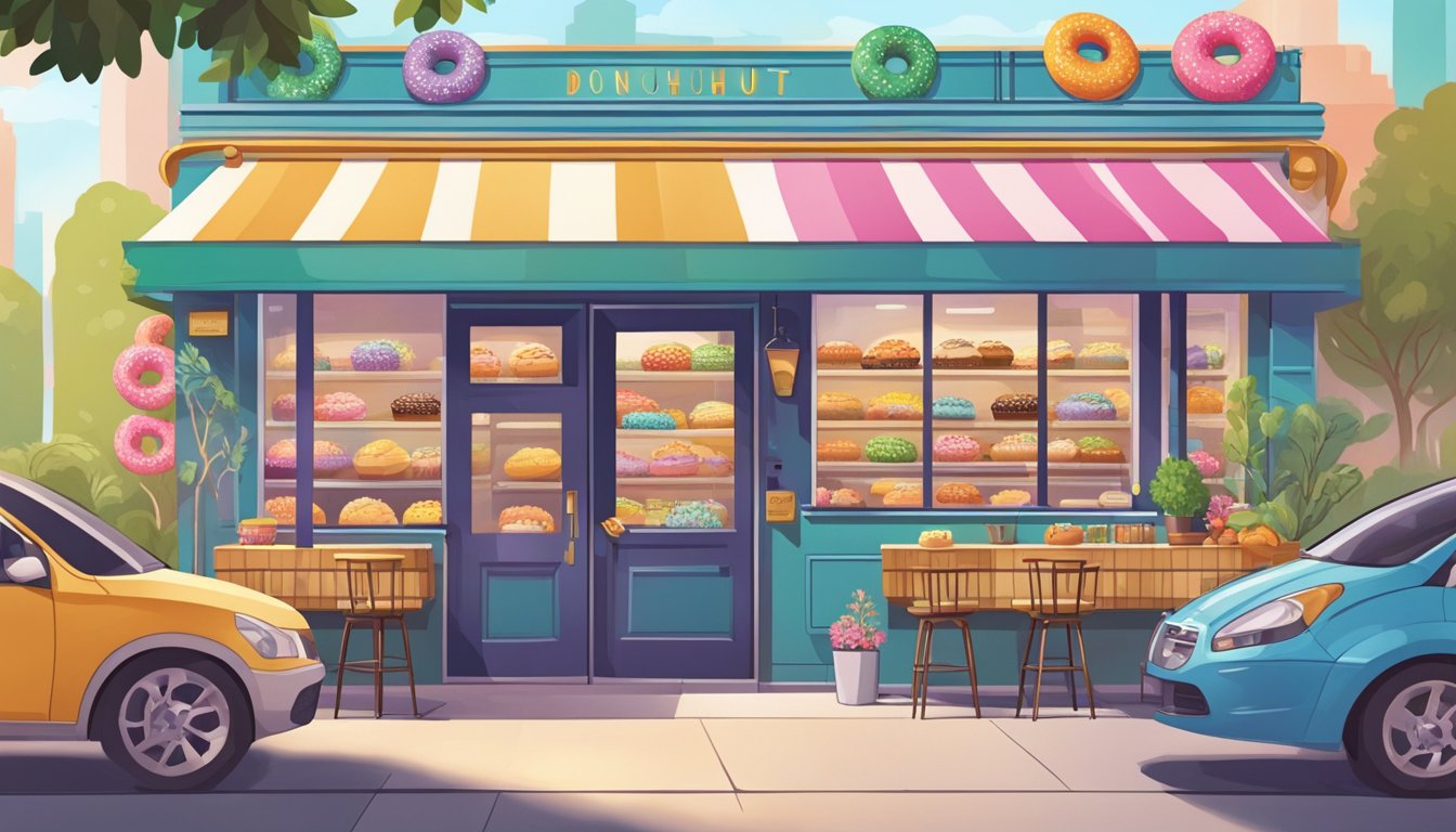 A bustling superfood doughnut shop with vibrant decor and a line of customers out the door, showcasing the reinvention of a guilty pleasure into a health-conscious and trendy treat