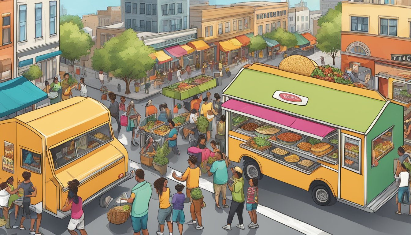 A bustling street scene with a vibrant taco truck surrounded by eager customers, showcasing an array of colorful and healthy superfood taco ingredients