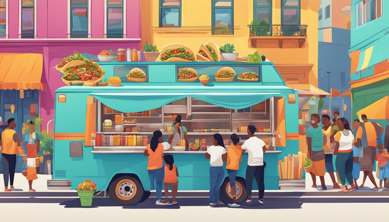 A vibrant taco truck with a diverse crowd of customers, surrounded by colorful buildings and bustling city streets