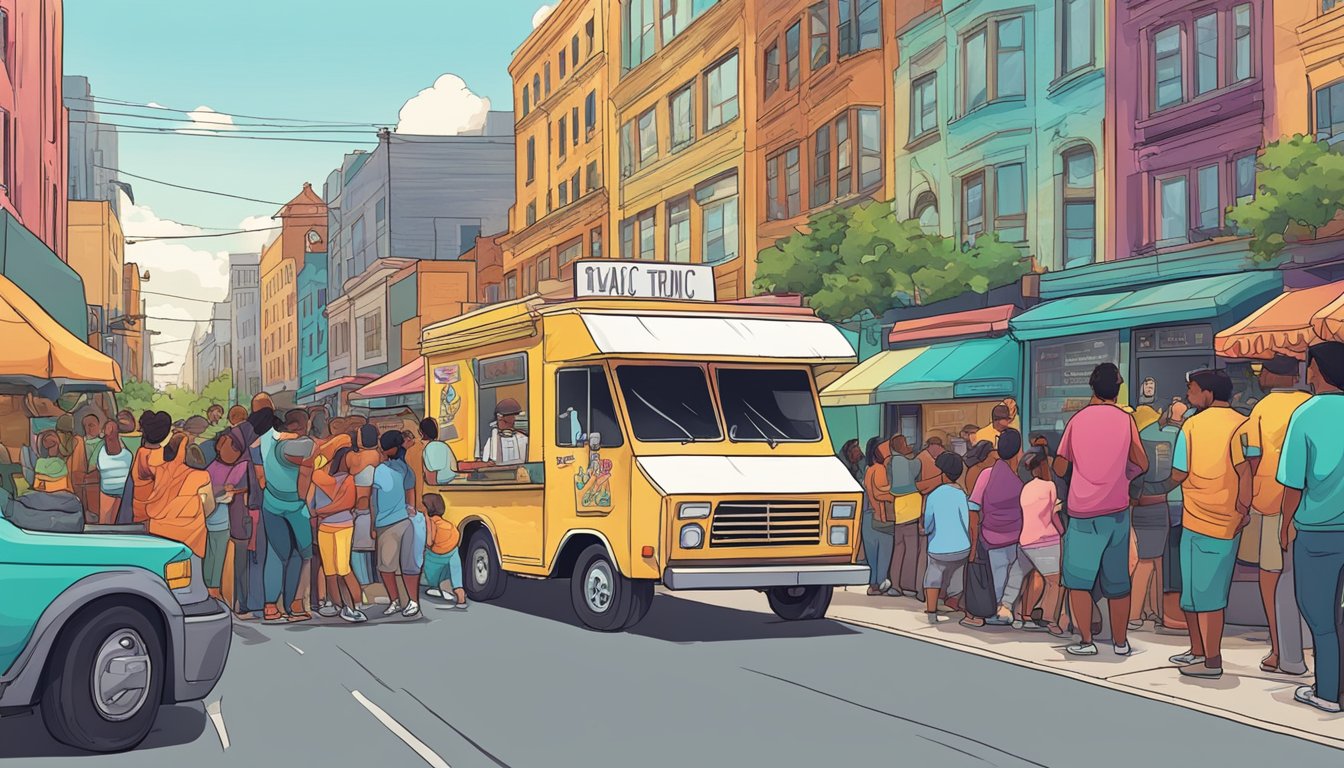 A vibrant taco truck surrounded by a bustling city street, with colorful signage and a line of customers eagerly waiting to order