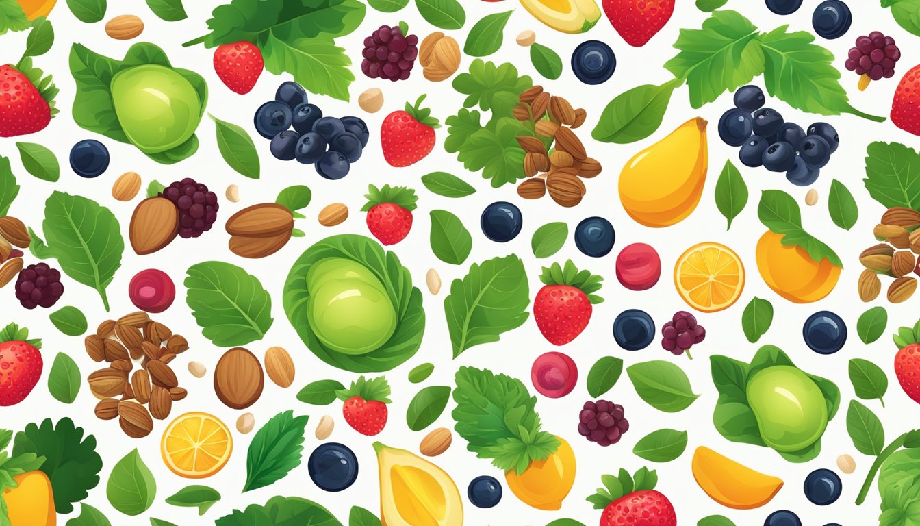 A vibrant assortment of nutrient-rich superfoods, such as berries, nuts, and leafy greens, arranged in a circular pattern with glowing cells interwoven throughout