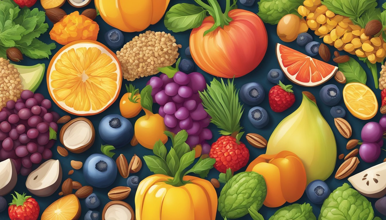 A colorful assortment of fruits, vegetables, nuts, seeds, and grains arranged in a vibrant and dynamic pattern, representing the concept of superfoods and cellular health