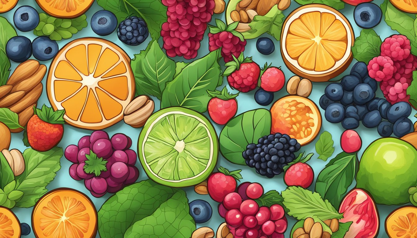 A colorful array of superfoods, such as berries, nuts, and leafy greens, arranged in a circular pattern, with vibrant, glowing cells interspersed throughout