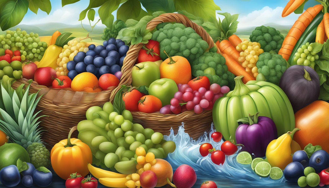 A vibrant array of colorful fruits and vegetables arranged in a bountiful harvest scene, with flowing water and a sense of vitality and energy