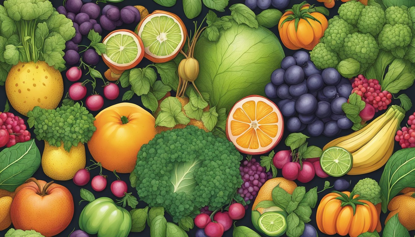 A vibrant assortment of fruits, vegetables, and herbs arranged around a glowing lymphatic system, symbolizing the support and nourishment of the body's waste removal system