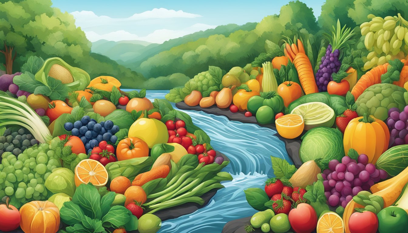 A colorful array of fruits, vegetables, and herbs arranged around a flowing river, symbolizing the nourishment and support of the lymphatic system