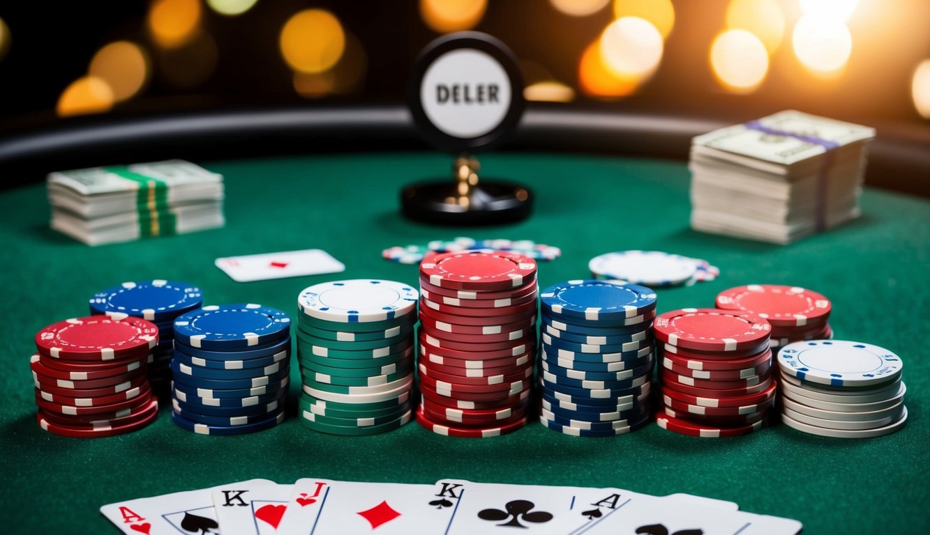 Sekelompok chip poker dan kartu yang disusun di atas meja felt hijau, dengan tombol dealer dan tumpukan uang di latar belakang