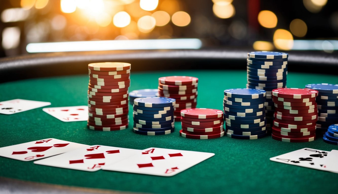 Sekelompok chip poker dan kartu bermain berserakan di atas meja felt hijau