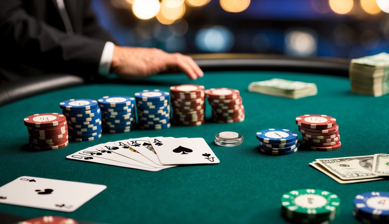 Sekelompok chip poker dan kartu yang disusun di atas meja felt hijau, dengan tombol dealer dan tumpukan uang tunai di latar belakang