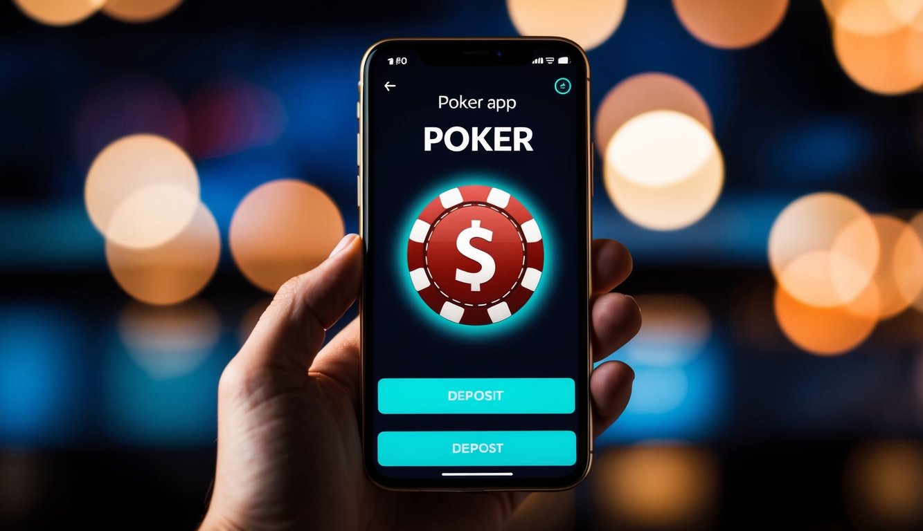 Sebuah smartphone menampilkan aplikasi poker dengan tombol deposit yang berdenyut.