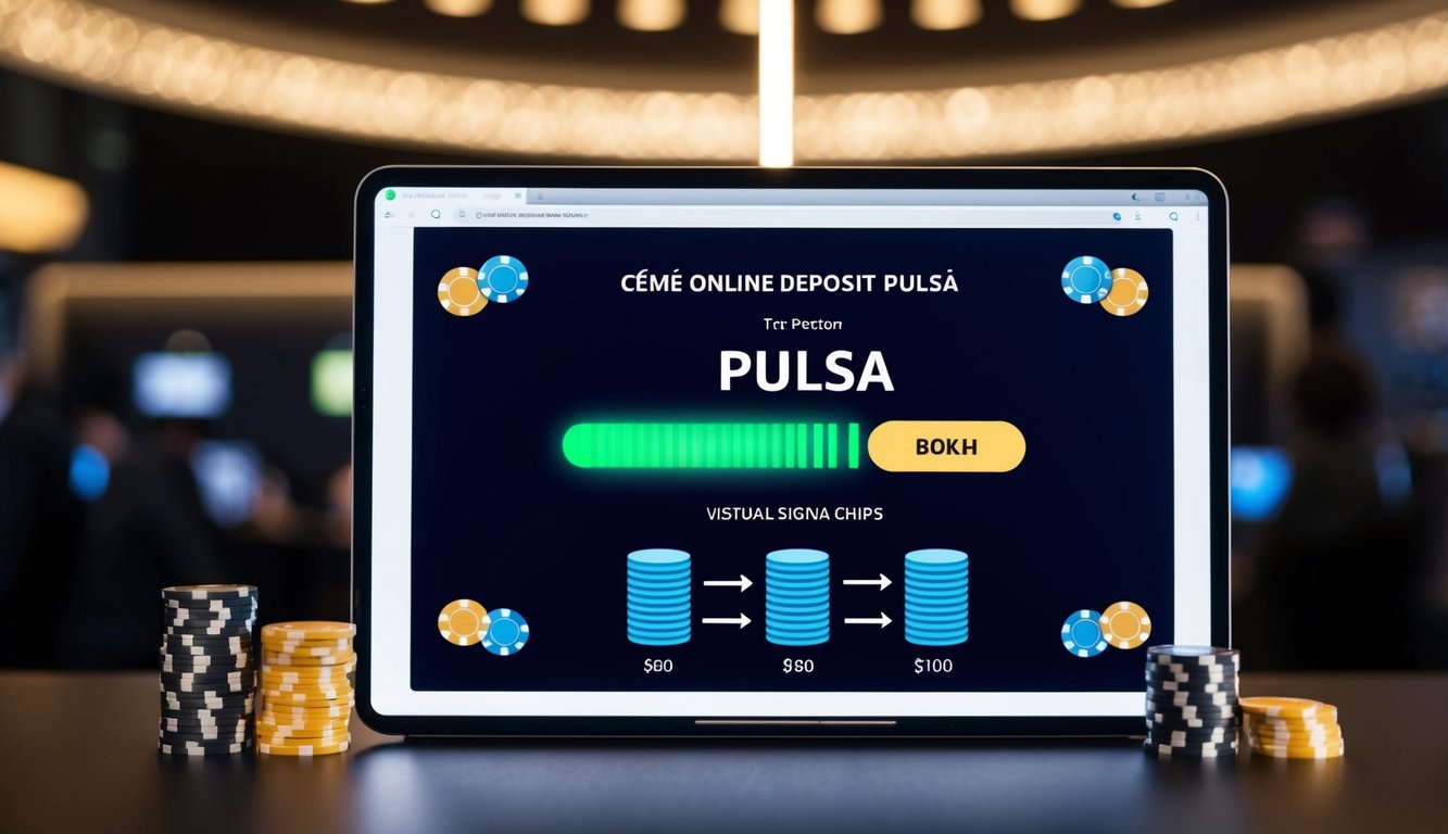 Sebuah perangkat digital yang menampilkan transaksi Ceme Online Deposit Pulsa dengan bilah sinyal berdenyut dan chip virtual di layar