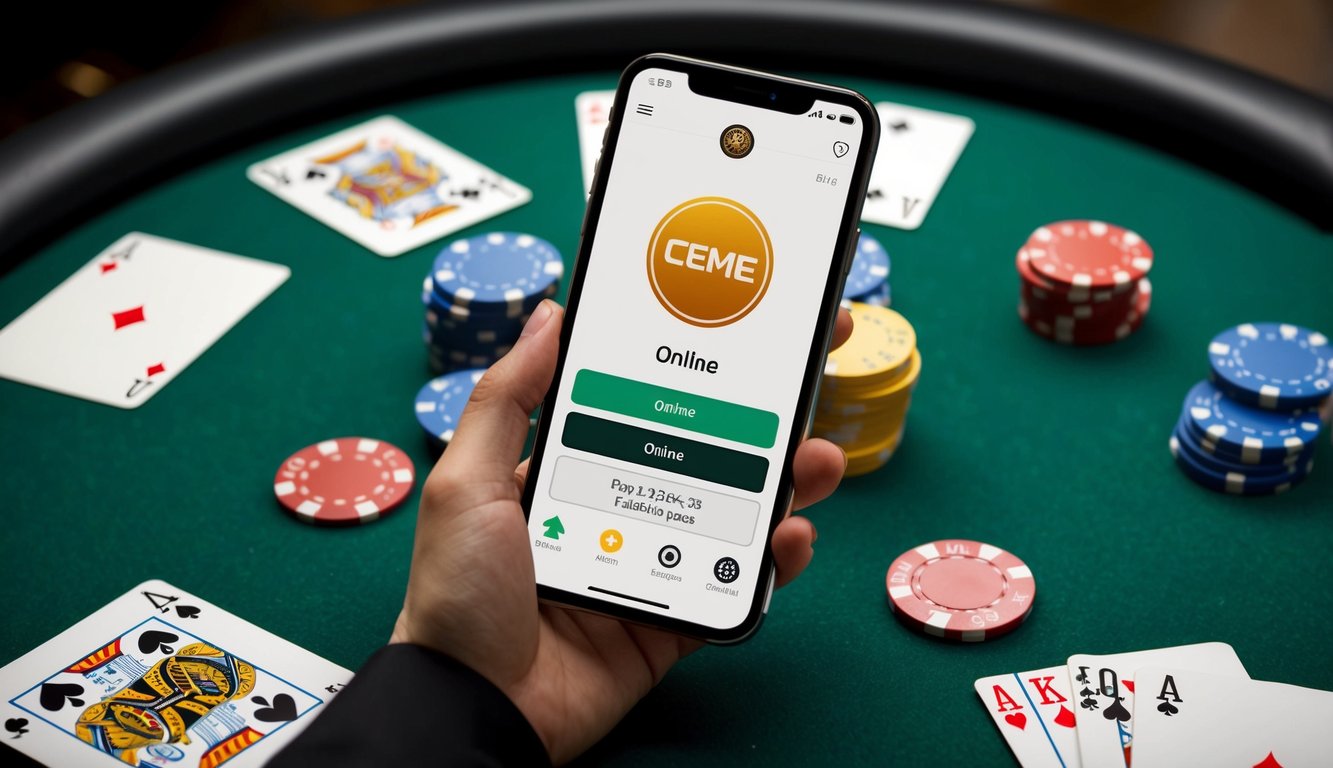 Sebuah smartphone dengan aplikasi Ceme Online terbuka, dikelilingi oleh kartu permainan dan chip poker di atas meja