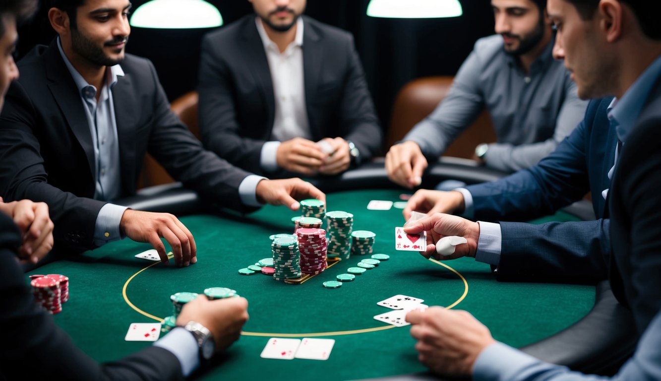 Sekelompok pemain duduk di sekitar meja poker berlapis kain hijau, chip ditumpuk tinggi, dan kartu dibagikan dalam permainan Ceme online.