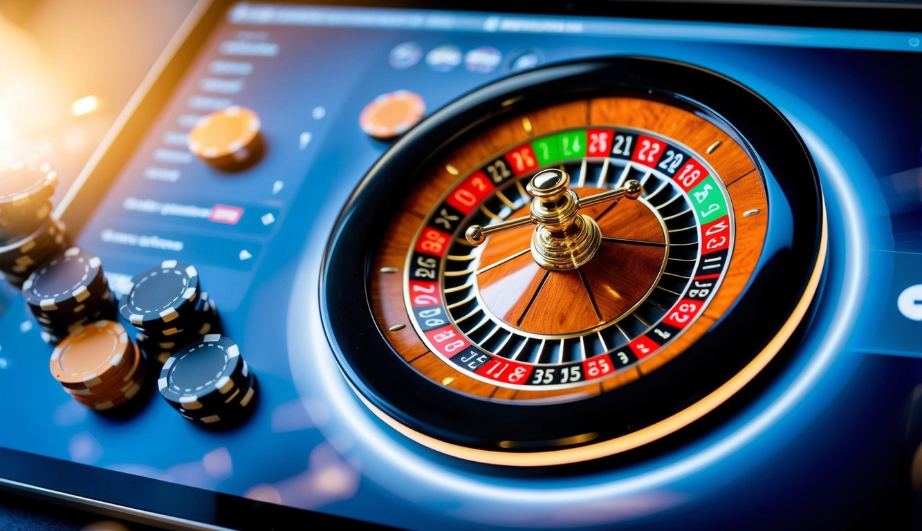 Roda roulette digital berputar di layar yang bersinar, dikelilingi oleh chip virtual dan antarmuka yang ramping dan modern