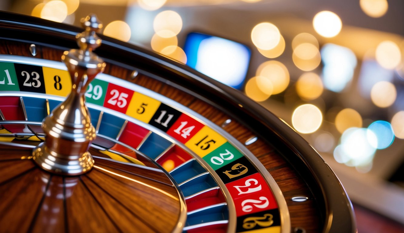 Roda roulette yang berputar dengan slot bernomor berwarna-warni dan bola putih kecil yang melompat-lompat