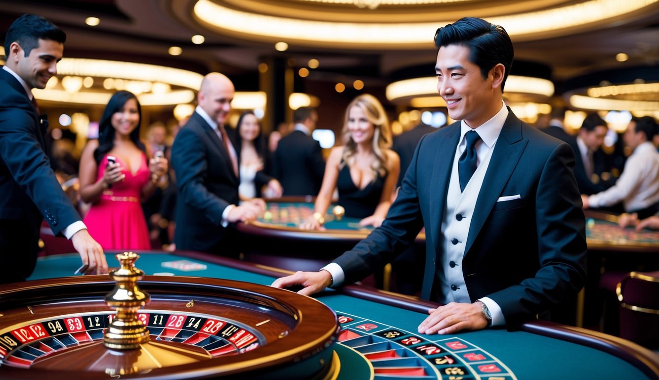 Sebuah kasino yang ramai dengan meja roulette dikelilingi oleh pemain yang antusias dan seorang dealer yang mengenakan jas formal