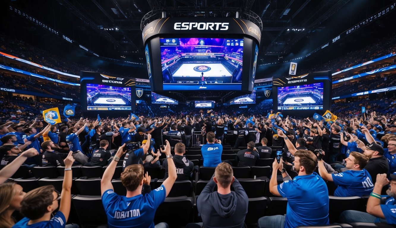 Sebuah arena yang ramai dengan layar besar yang menampilkan pertandingan esports yang intens, dikelilingi oleh penggemar yang antusias bersorak dan memegang spanduk.