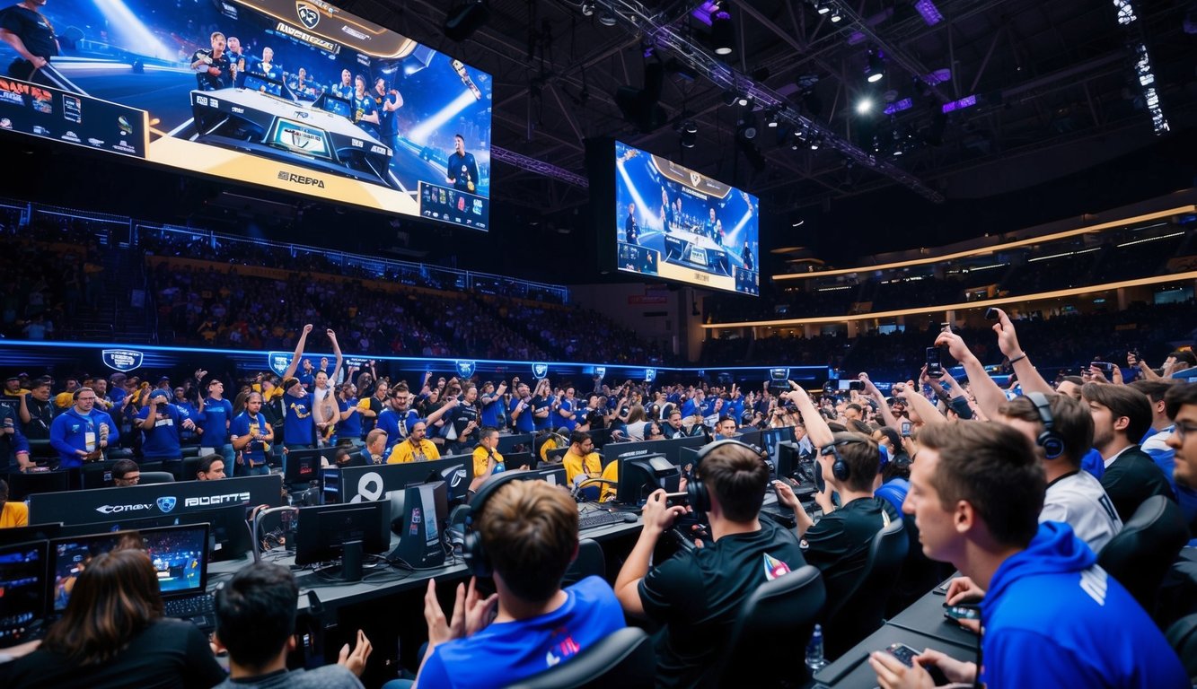 Sebuah arena esports yang ramai dengan permainan yang intens di layar besar dan penggemar yang antusias bersorak