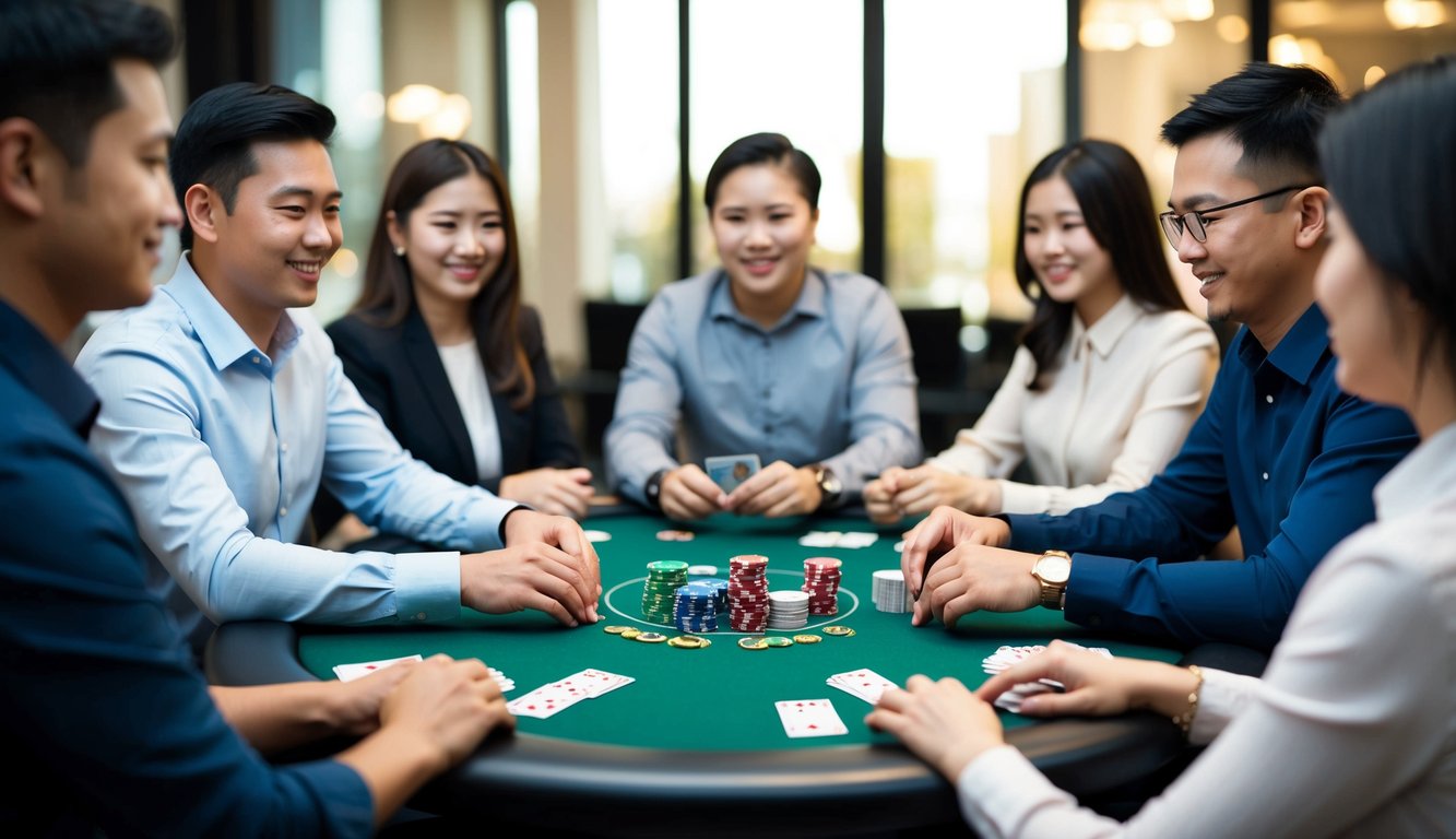 Sekelompok orang duduk di sekitar meja, bermain permainan Bandar Ceme Online dengan kartu dan chip poker