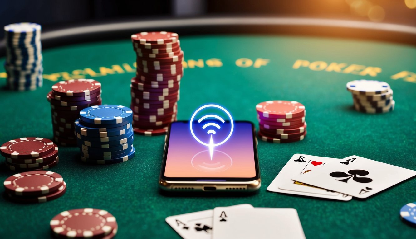 Sebuah smartphone dengan ikon sinyal berdenyut, dikelilingi oleh tumpukan chip poker dan sekumpulan kartu di atas meja felt hijau