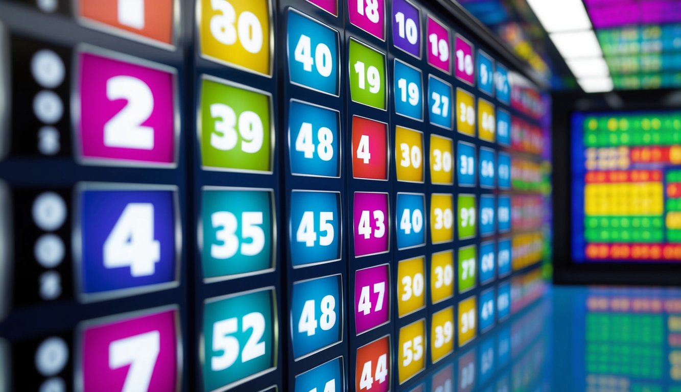 Antarmuka digital yang berwarna-warni dan penuh semangat menampilkan berbagai permainan lotto dan angka, dengan desain yang ramping dan modern