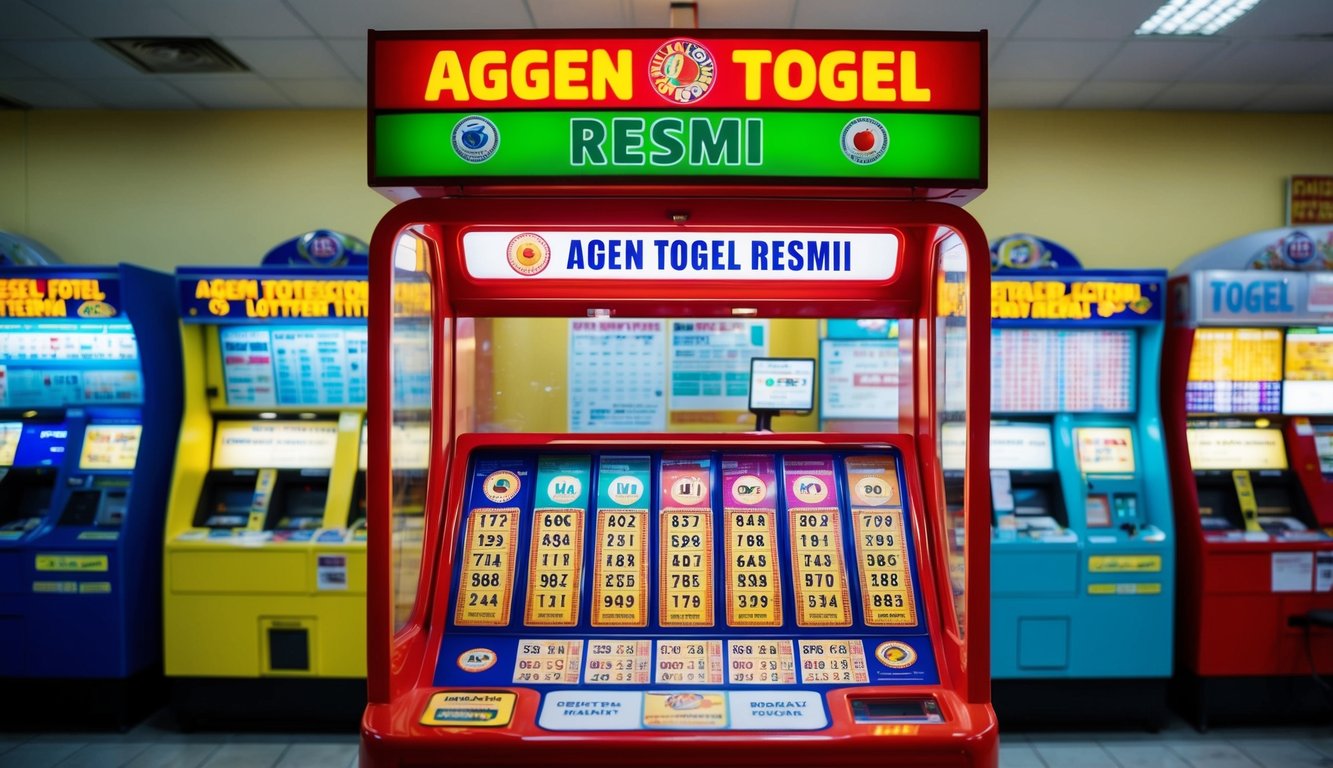 Sebuah kios tiket lotere yang terang benderang dengan tampilan tiket yang berwarna-warni dan tanda yang menunjukkan "Agen togel resmi"