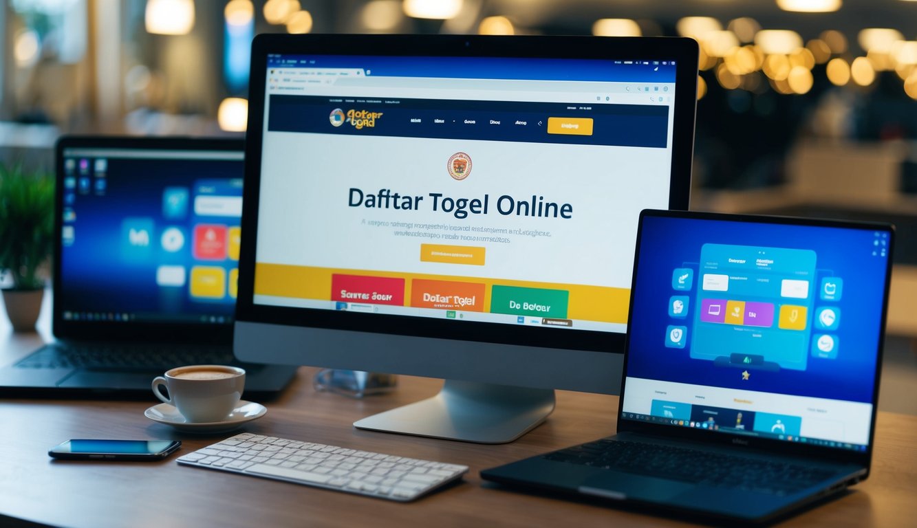 Sebuah layar komputer menampilkan situs web dengan judul "Daftar Togel Online" dikelilingi oleh berbagai perangkat digital dan secangkir kopi