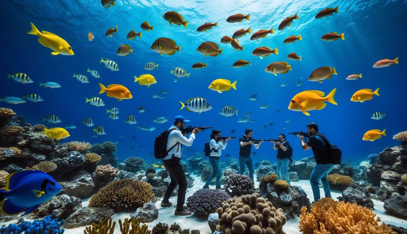 Sebuah dunia bawah laut yang berwarna-warni dengan berbagai jenis ikan yang berenang di sekelilingnya, sementara sekelompok orang bermain permainan tembak-menembak online.