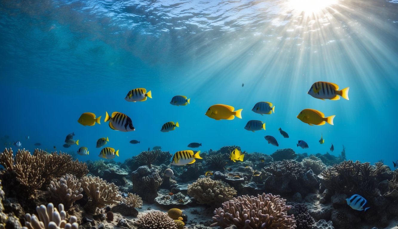 Sebuah pemandangan bawah laut yang tenang dengan ikan-ikan berwarna-warni yang berenang di sekitar terumbu karang, diterangi oleh sinar matahari yang menembus air