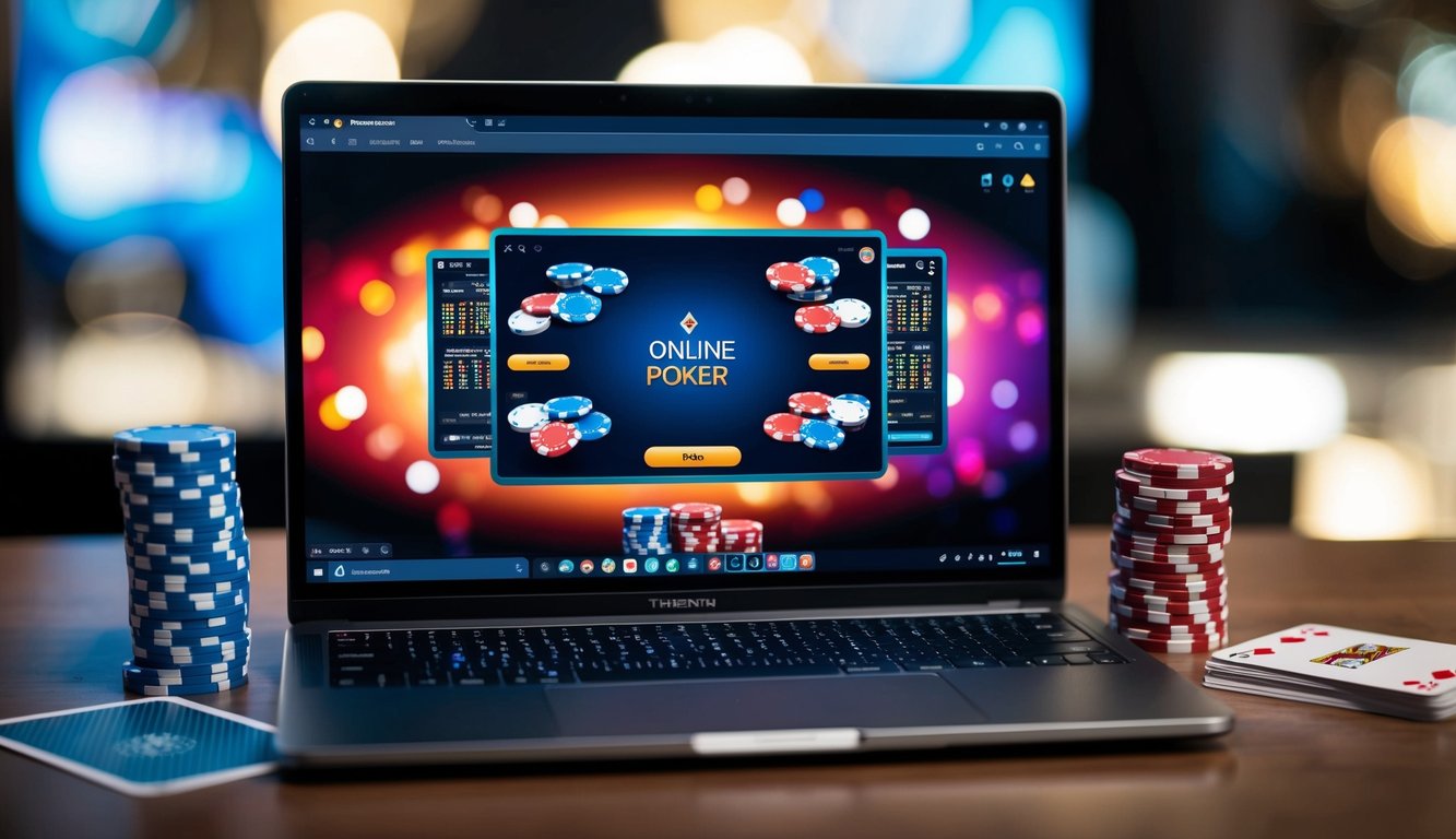 Sebuah laptop modern yang ramping menampilkan antarmuka poker online yang cerah, dikelilingi oleh tumpukan chip poker dan setumpuk kartu