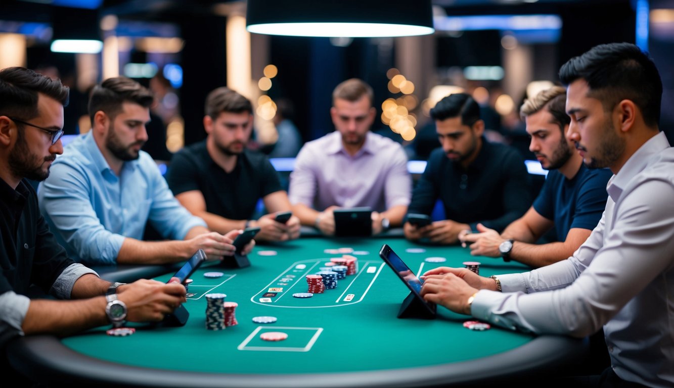 Sekelompok pemain poker berkumpul di sekitar meja poker online yang ramping dan modern, masing-masing fokus pada perangkat digital mereka, dengan kartu dan chip tersebar di atas felt virtual.