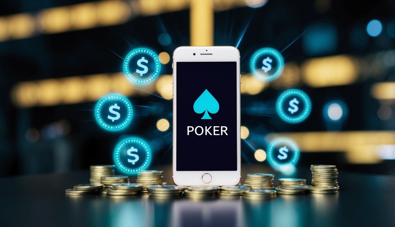 Sebuah smartphone dengan layar yang bersinar menampilkan aplikasi poker, dikelilingi oleh simbol mata uang digital yang berdenyut.