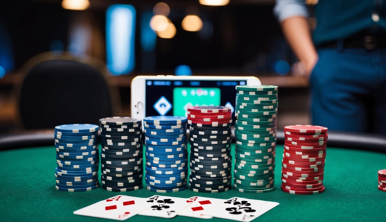 Sekelompok chip poker dan kartu yang diatur di atas meja felt hijau, dengan smartphone yang menampilkan aplikasi poker di latar belakang