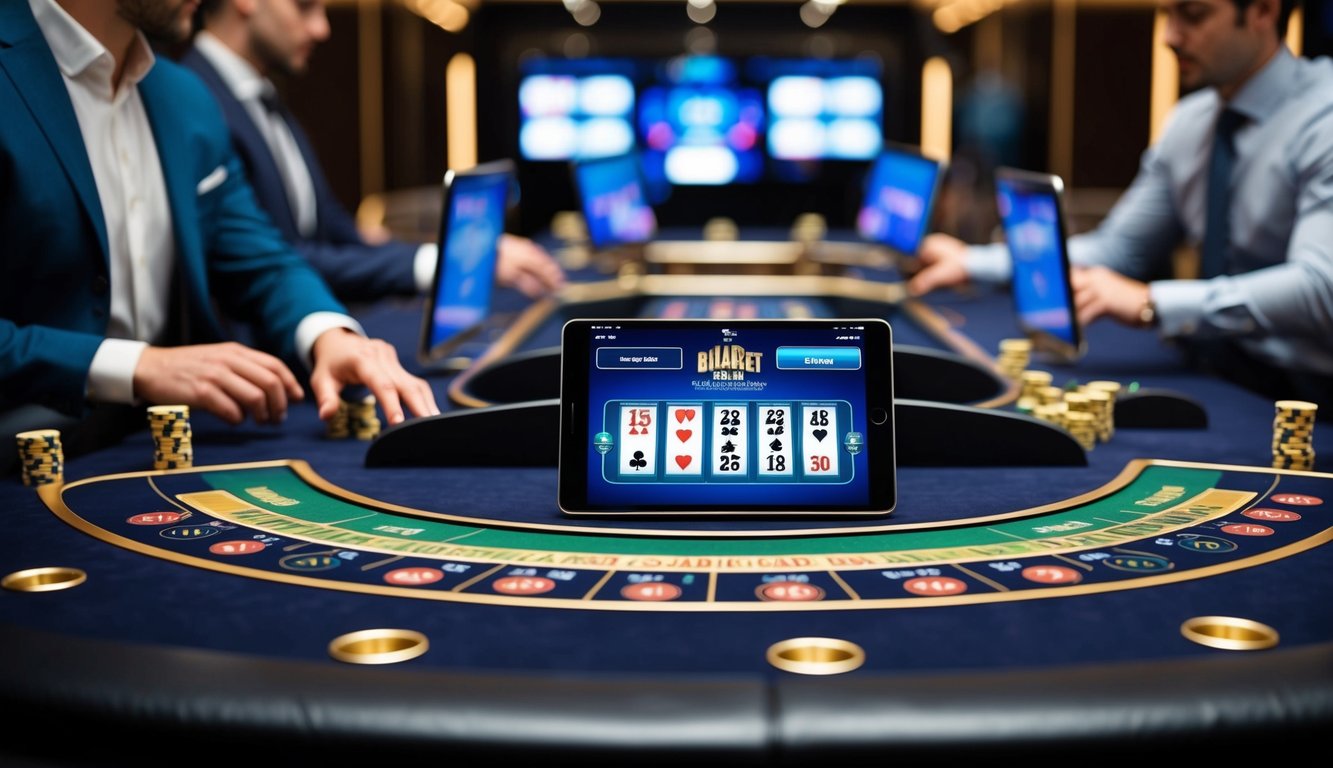 Sebuah meja blackjack yang ramping dan modern dikelilingi oleh layar digital dan dealer virtual, dengan pemain memasang taruhan dari perangkat mereka.