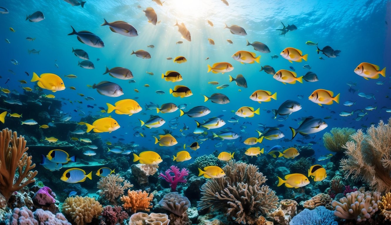 Dunia bawah laut yang ramai dengan ikan berwarna-warni, terumbu karang, dan berbagai makhluk laut. Sinar matahari menyaring melalui air, menciptakan suasana yang hidup dan dinamis untuk ilustrasi "Agen Tembak Ikan".