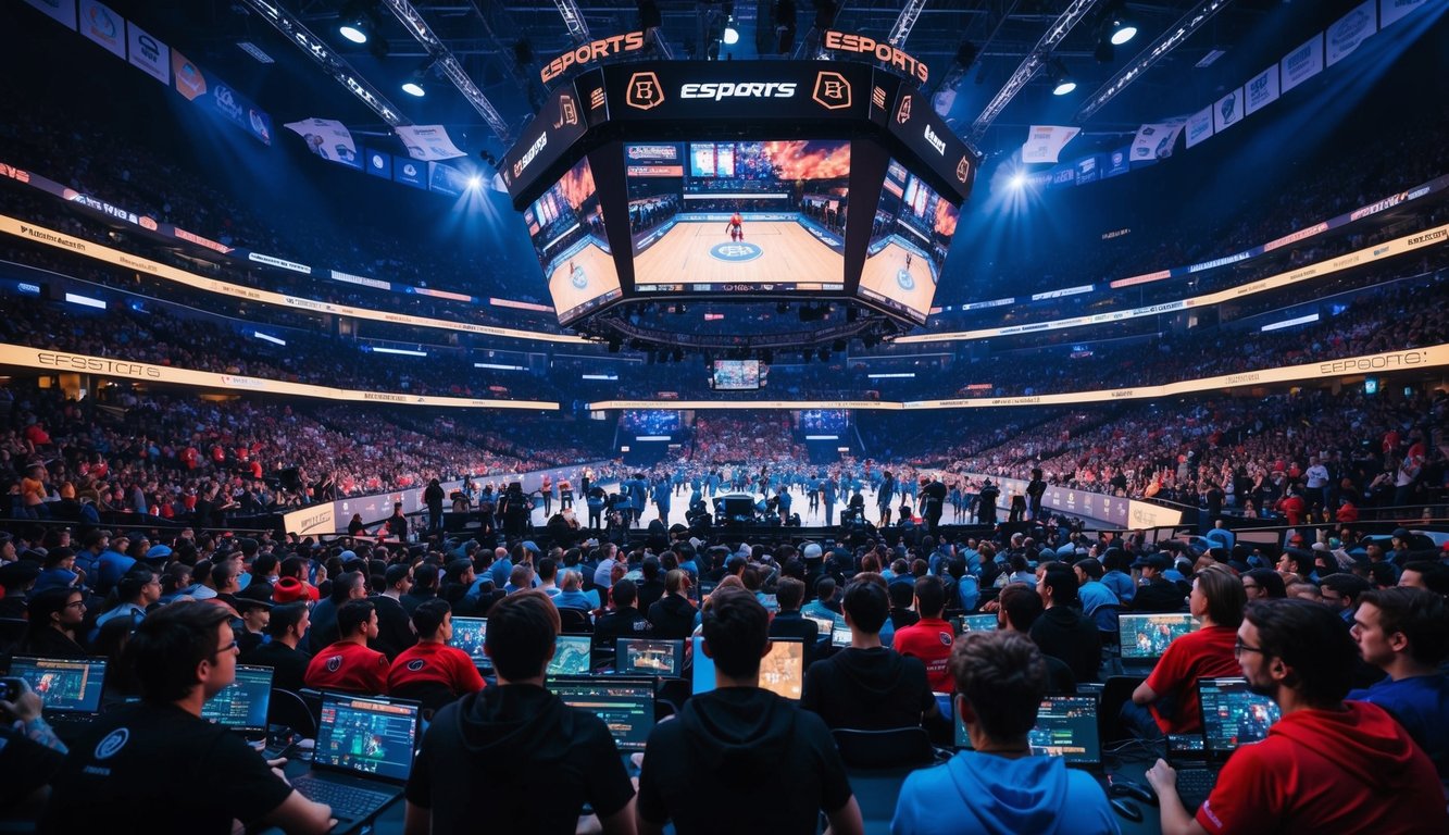 Sebuah arena yang ramai dengan layar besar yang menampilkan pertandingan Esports yang intens, dikelilingi oleh penggemar yang antusias dan pemain profesional