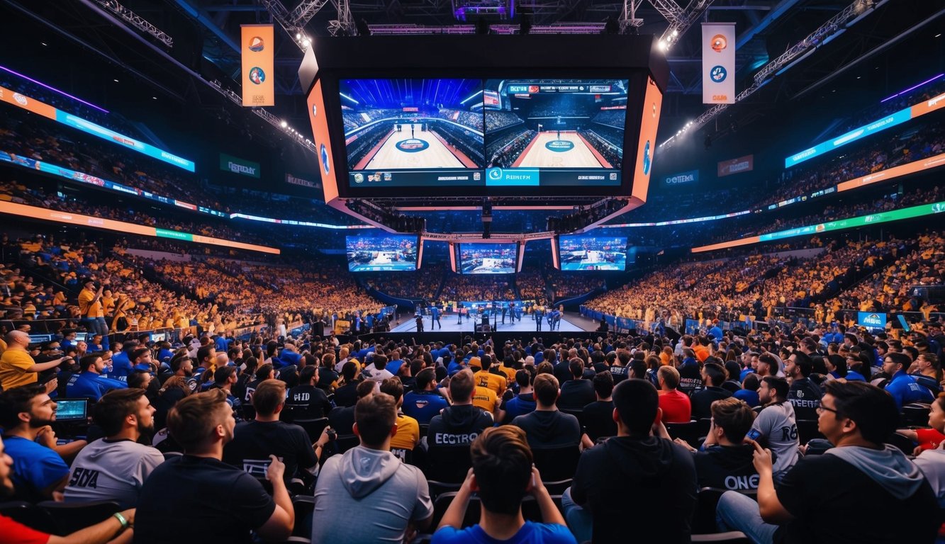 Sebuah arena yang ramai dengan layar besar yang menampilkan pertandingan esports, dikelilingi oleh penggemar yang bersorak dan spanduk berwarna-warni