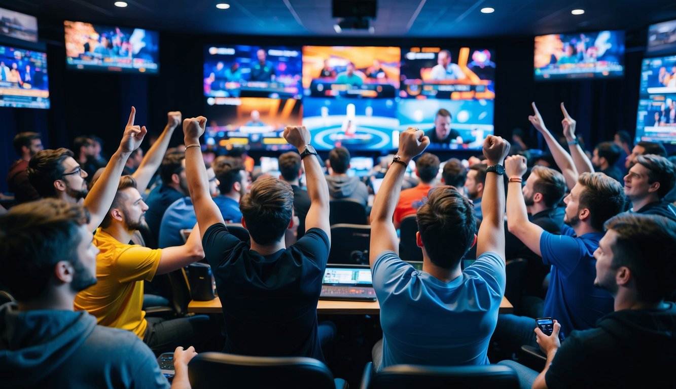 Sekelompok orang berkumpul di sekitar layar besar, bersorak dan menonton dengan intens saat mereka memasang taruhan pada berbagai pertandingan esports.