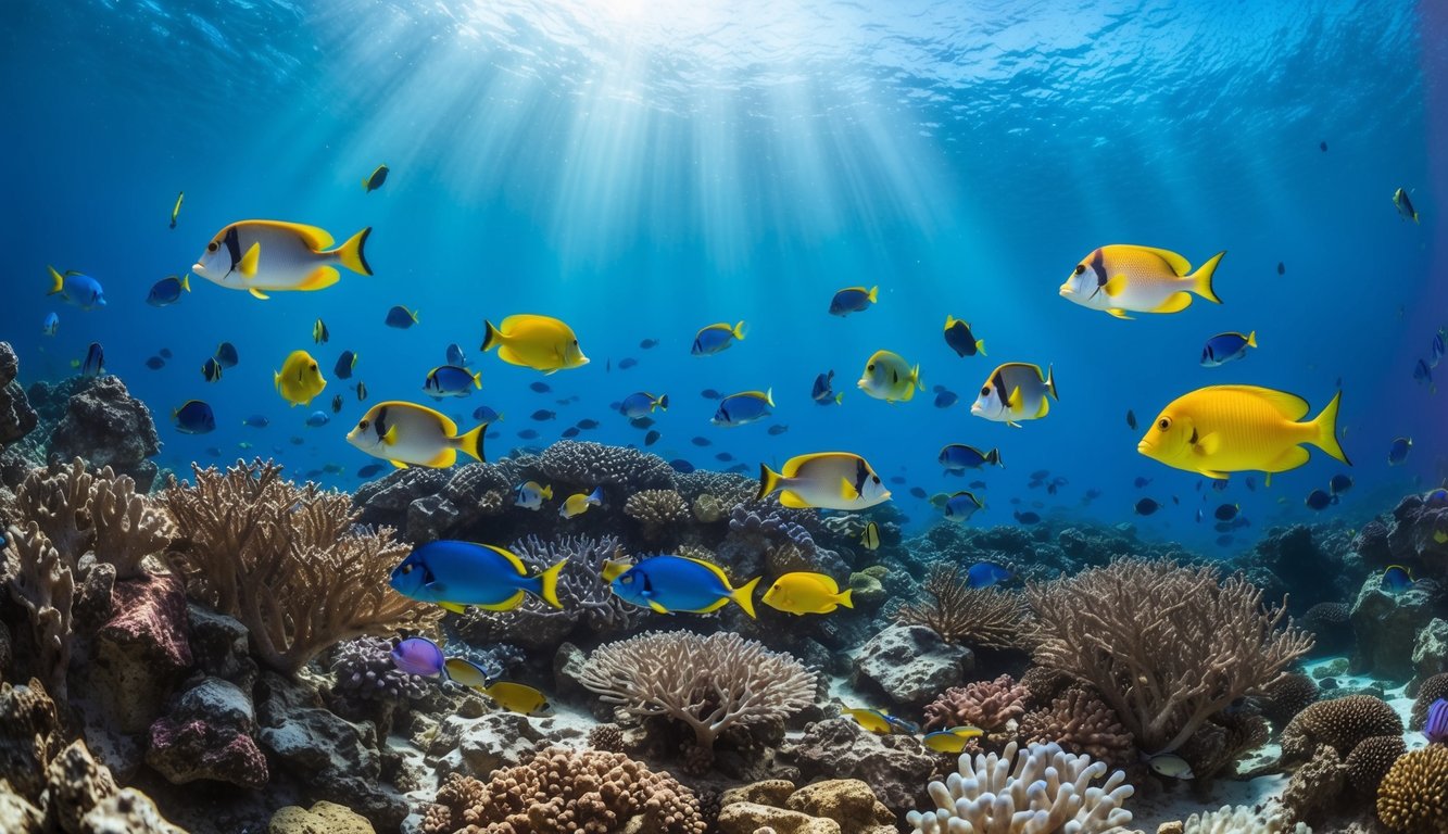 Sebuah dunia bawah laut yang tenang dengan ikan-ikan berwarna-warni berenang di sekitar terumbu karang, dengan sinar matahari yang menyaring melalui air