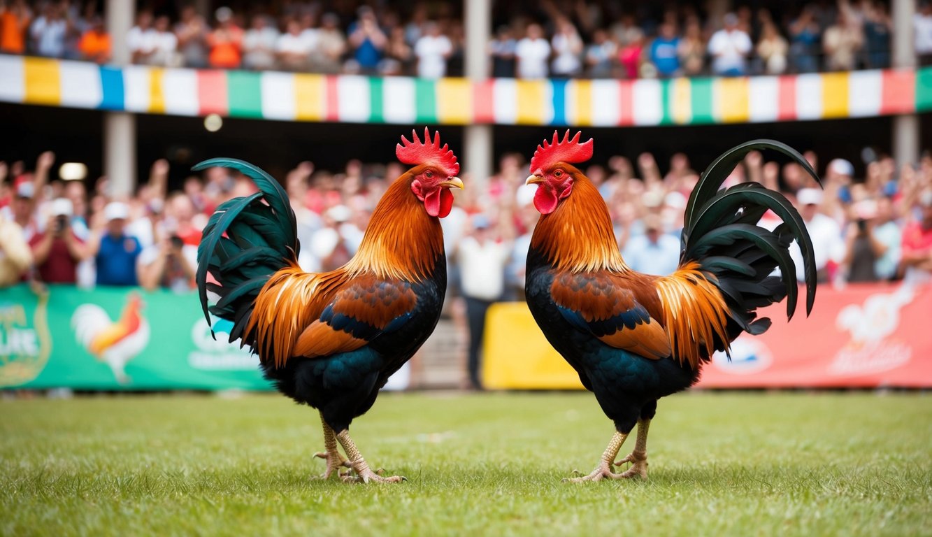 Dua ayam jantan berhadapan di arena terbuka yang ramai, dikelilingi oleh penonton yang bersorak dan spanduk berwarna-warni