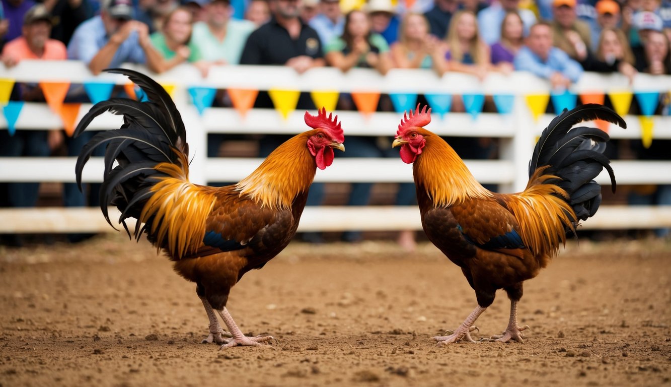 Dua ayam jantan berhadapan di arena tanah, dikelilingi oleh penonton yang bersorak dan spanduk berwarna-warni