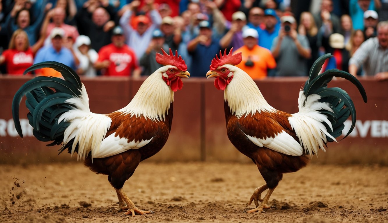 Dua ayam jantan berhadapan di dalam lubang tanah, dikelilingi oleh kerumunan penonton yang bersorak. Burung-burung tersebut siap untuk menyerang, bulu-bulu mereka mengembang dan paruh terbuka dalam agresi.