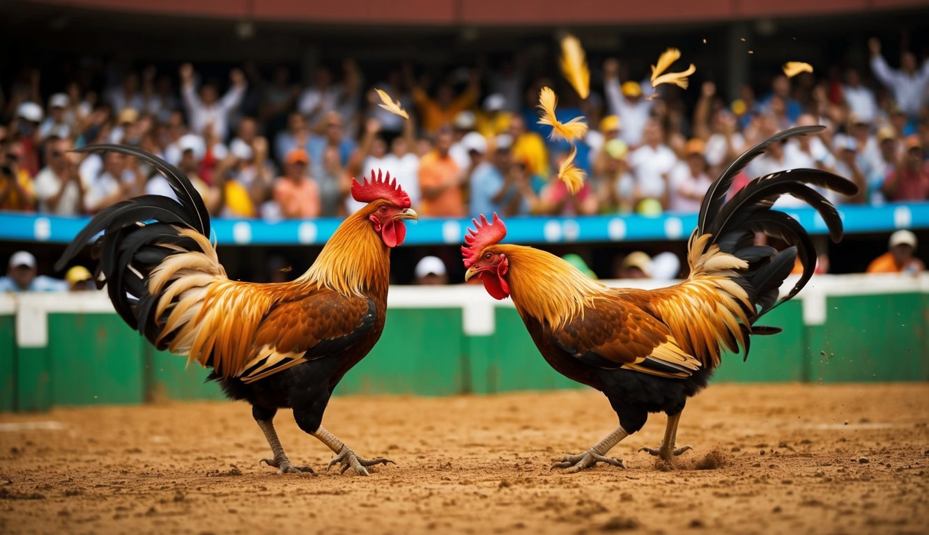 Sebuah arena yang ramai dengan penonton yang bersorak, dua ayam jantan berhadapan dalam pertarungan sengit, bulu-bulu beterbangan saat mereka bertarung dalam sabung ayam tradisional