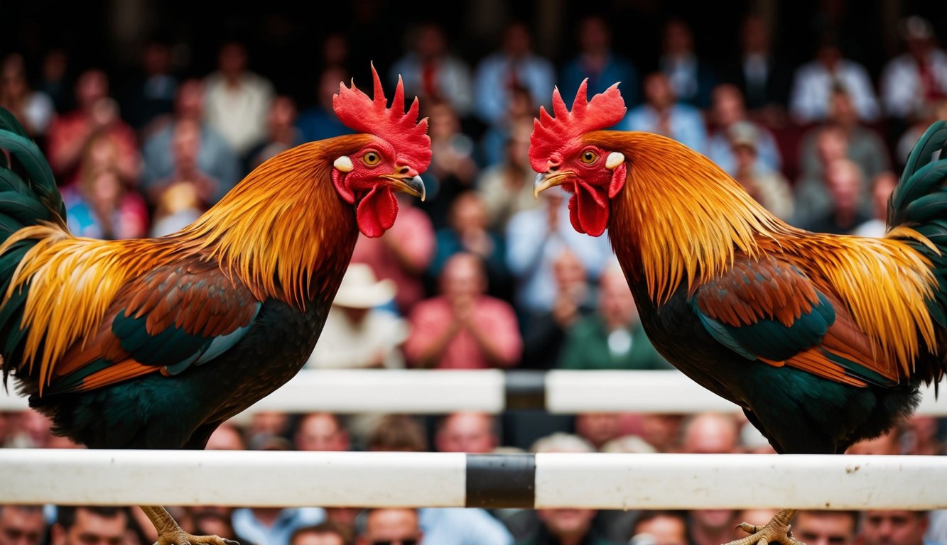 Dua ayam jantan berhadapan di arena yang ramai, bulu-bulu mereka mengembang dan paruh terbuka dalam tampilan agresi yang sengit. Kerumunan bersorak dan taruhan ditempatkan saat pertarungan yang intens dimulai.