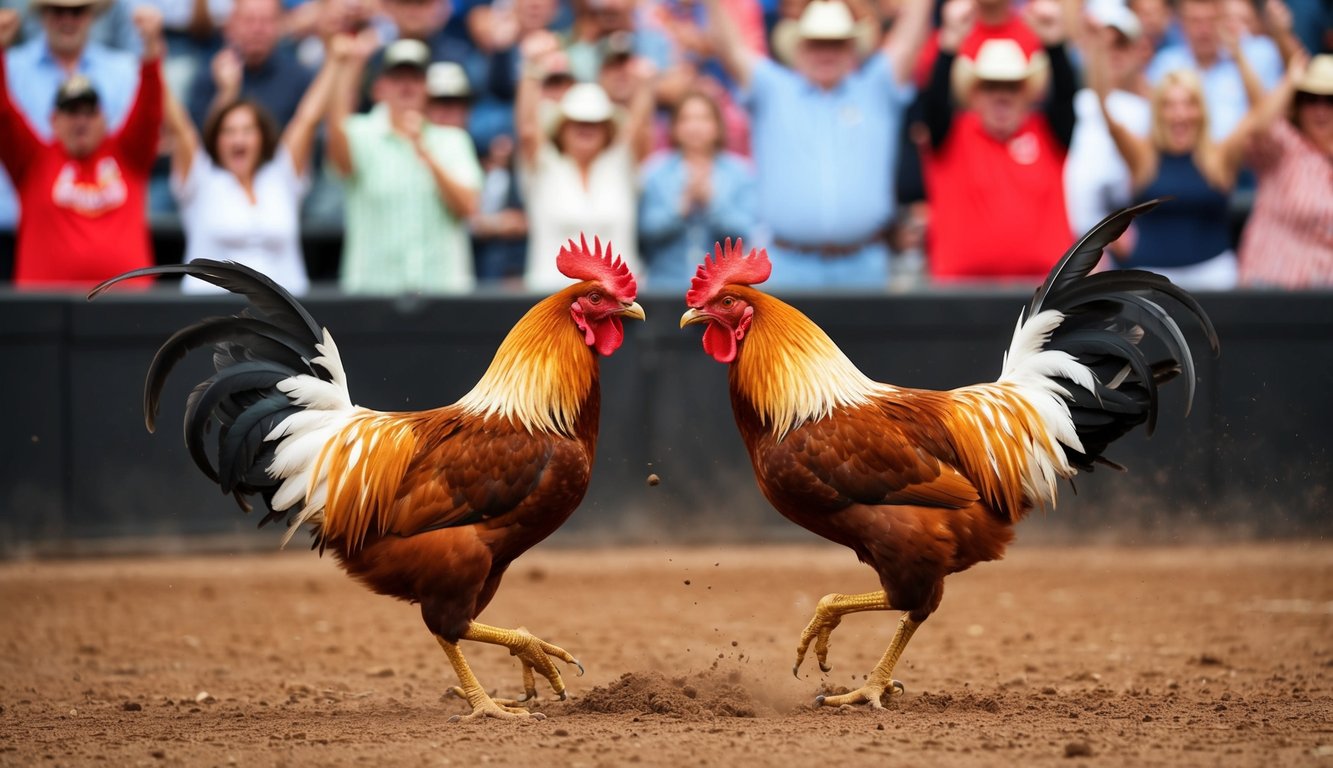 Dua ayam jantan bertarung di arena tanah yang dikelilingi oleh penonton yang bersorak