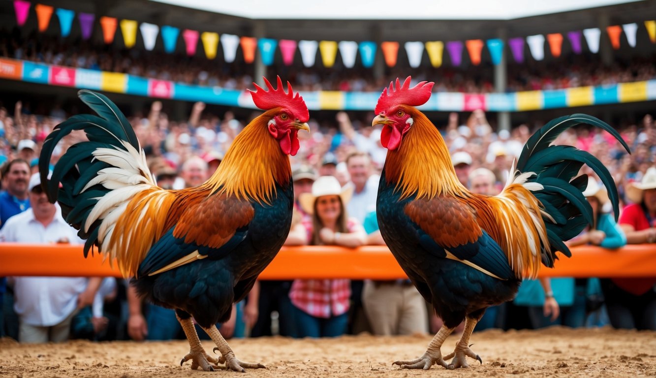 Dua ayam jantan berhadapan di arena luar ruangan yang ramai, dikelilingi oleh penonton yang bersorak dan spanduk berwarna-warni.